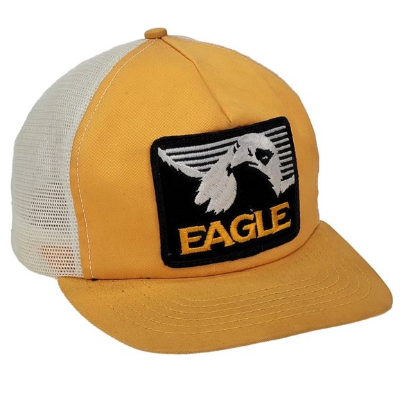 Vintage EAGLE Patch Snapback Trucker Hat Baseball Fishing Cap Yellow USA Made - Picture 2 of 7
